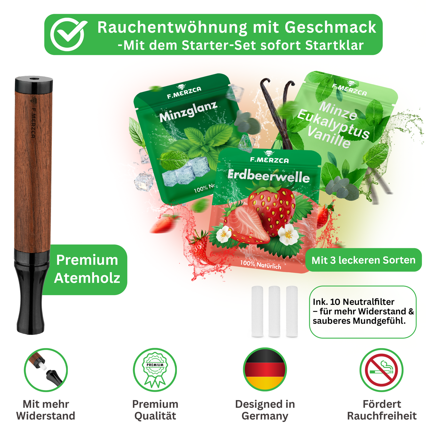 Rauchentwöhnung Atemholz 3.0 mit 9 Filtern mit leckerem Minze, Erdbeere und Eukalyptus Mix Geschmack