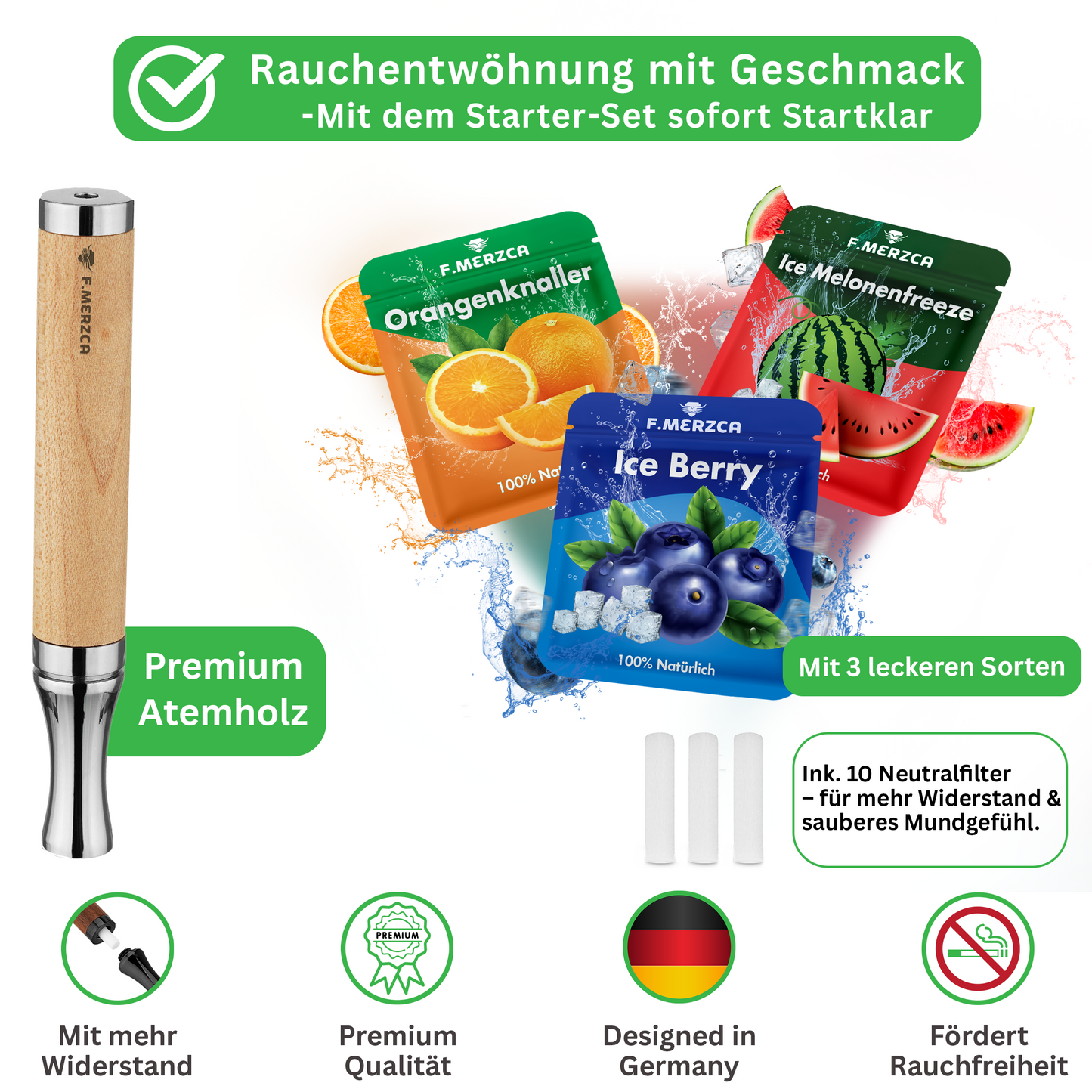 Rauchentwöhnung Atemholz 3.0 mit 9 Filtern im erfrischendem & leckerem Wassermelone, Blaubeere und Orange Geschmack Geschmack