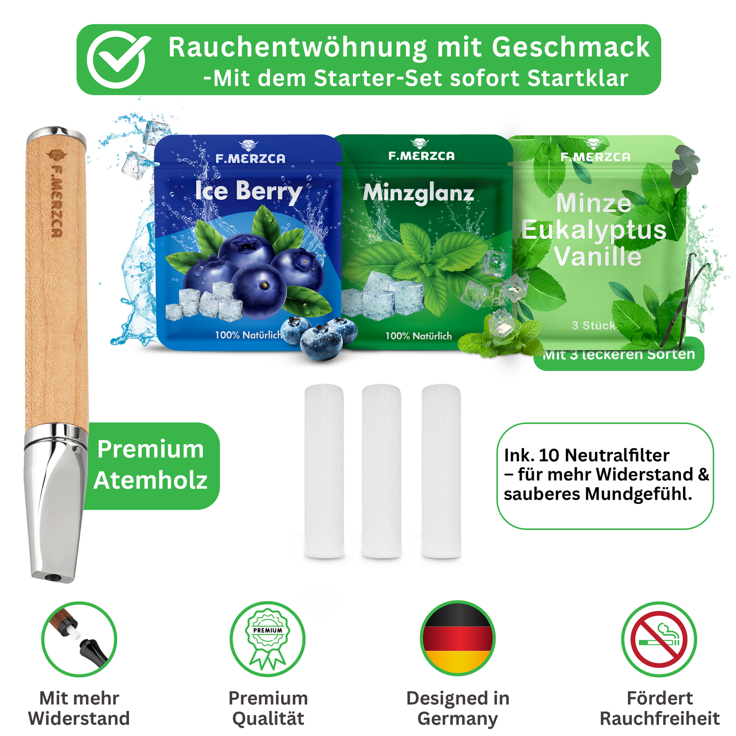 Rauchentwöhnung Atemholz 4.0 mit 9 Filtern mit leckerem Minze, Blaubeere und Eukalyptus Mix Geschmack