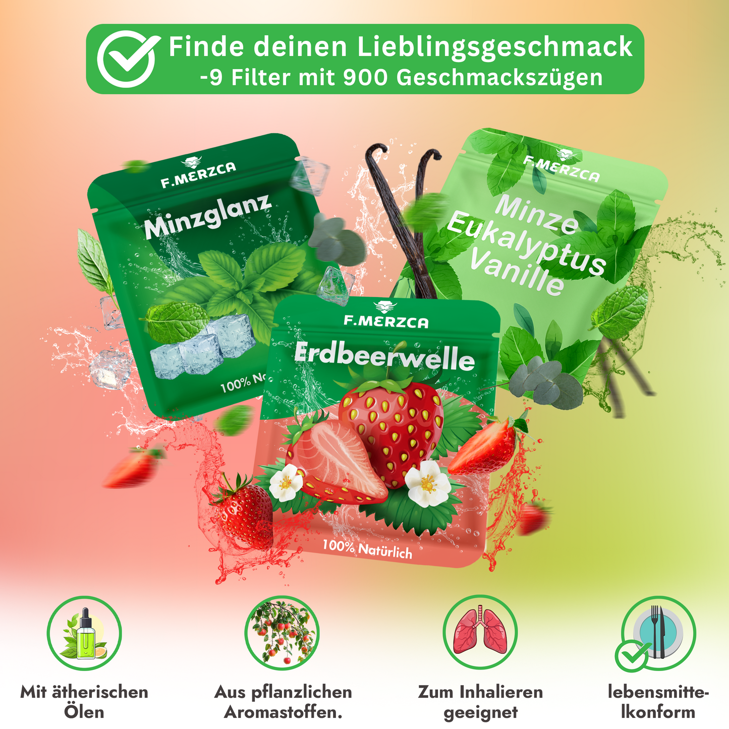 Rauchentwöhnung Atemholz 3.0 Edelstahl Silber mit 9 Filtern mit Minze, Eukalyptus Mix und Erdbeere Geschmack
