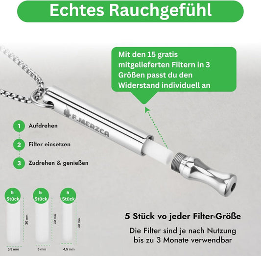 Rauchentwöhnung Atemkette 2.0 mit 15 kostenlosen Filtern - Edelstahl Silber