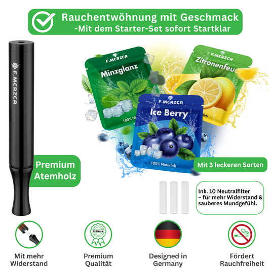 Rauchentwöhnung Atemholz 3.0 Edelstahl Schwarz mit 9 Filtern mit leckerem Minze, Blaubeere und Zitronen Geschmack