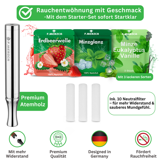 Rauchentwöhnung Atemholz 3.0 Edelstahl Silber mit 9 Filtern mit Minze, Eukalyptus Mix und Erdbeere Geschmack
