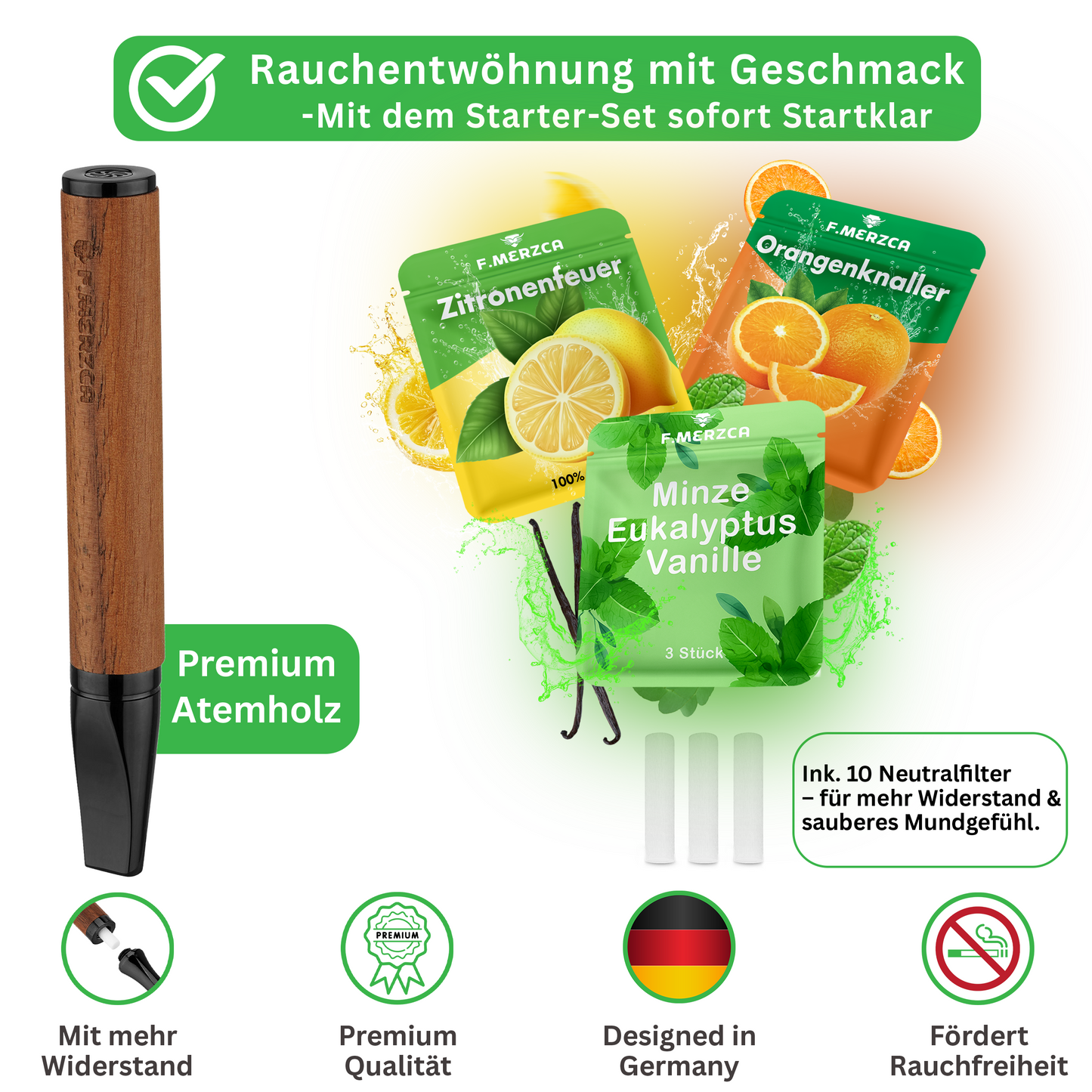 Rauchentwöhnung Atemholz 4.0 mit 9 Filtern im Erdbeere, Orange und Wassermelonen Geschmack