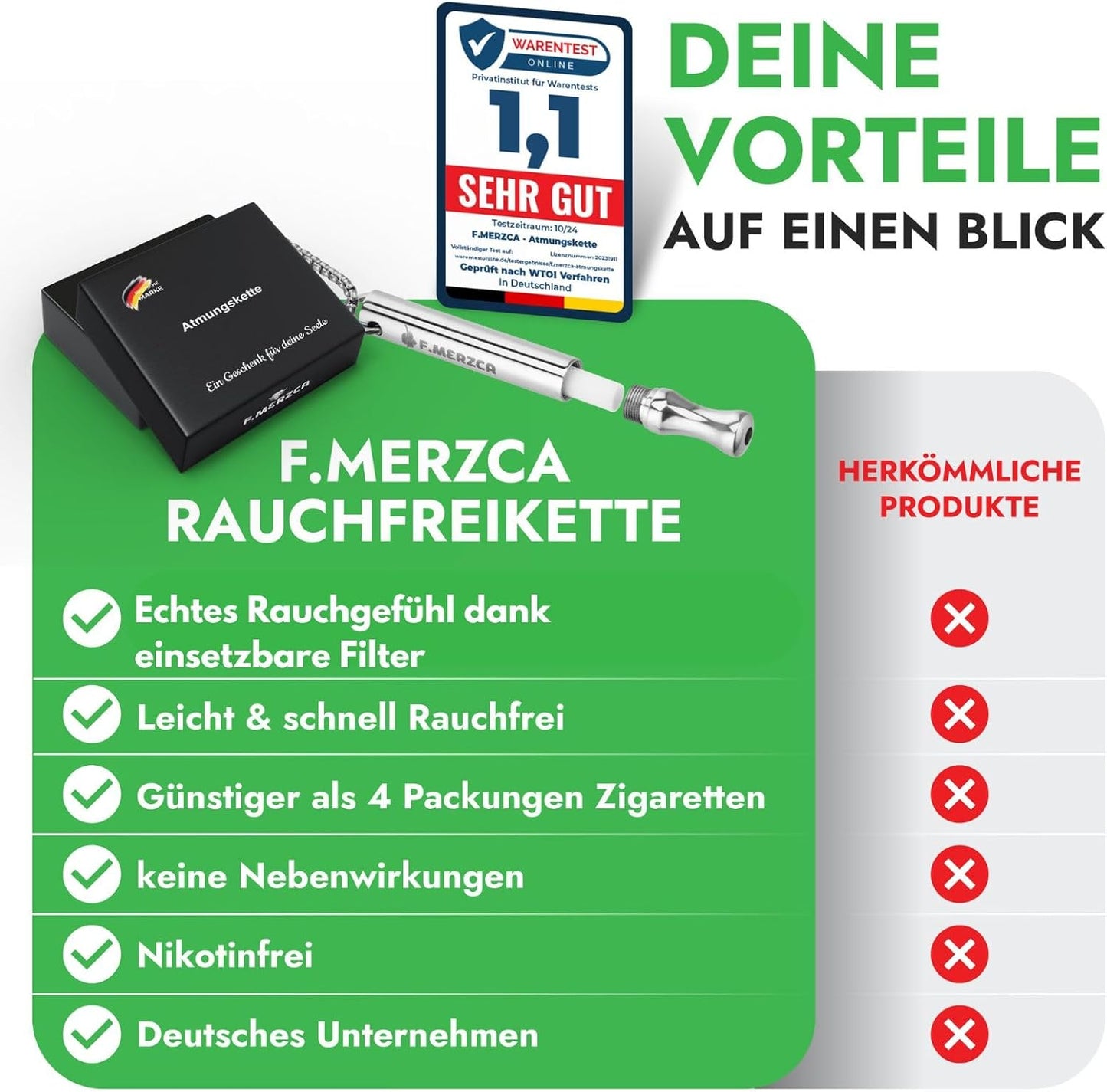 Rauchentwöhnung Atemkette 2.0 mit 15 kostenlosen Filtern - Edelstahl Silber