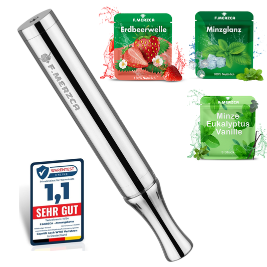 Rauchentwöhnung Atemholz 3.0 Edelstahl Silber mit 9 Filtern mit Minze, Eukalyptus Mix und Erdbeere Geschmack